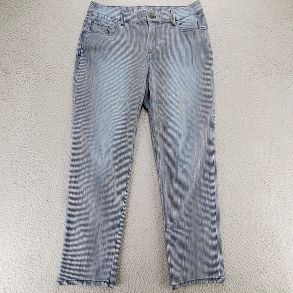 Chicos Pants Womens 1.5‎ US 10 Blue Striped Platinum Skimmer Distressed Casual - Picture 1 of 13